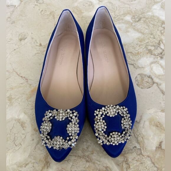 NEW! Royal Blue Satin & Crystal Buckle Embellishment Hangisi Ballet Flats - Picture 3 of 9